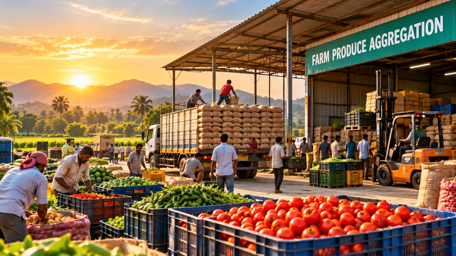 Bountiful harvest crates of tomatoes and grain heaps